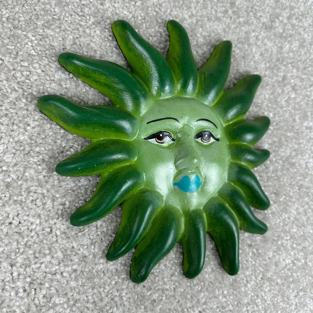 Vintage Green Sun Face Wall Decor Celestial Whimsigoth Ceramic Plaque 8.5